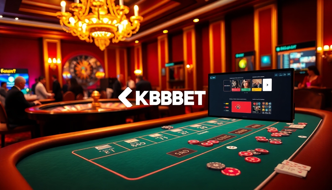 Experience the thrilling atmosphere of KBBET with an exciting casino scene, complete with vibrant betting chips and cards.