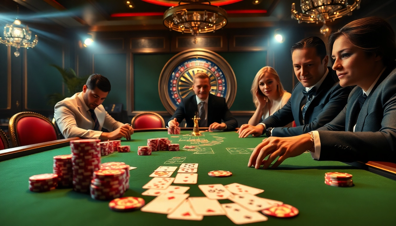 Engage in an exciting poker game at the luxurious J8 casino table, surrounded by vibrant action.