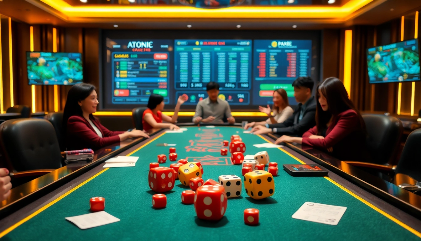 xóc đĩa online players engaging in an exciting virtual gambling scene with vibrant elements like dice and betting slips.
