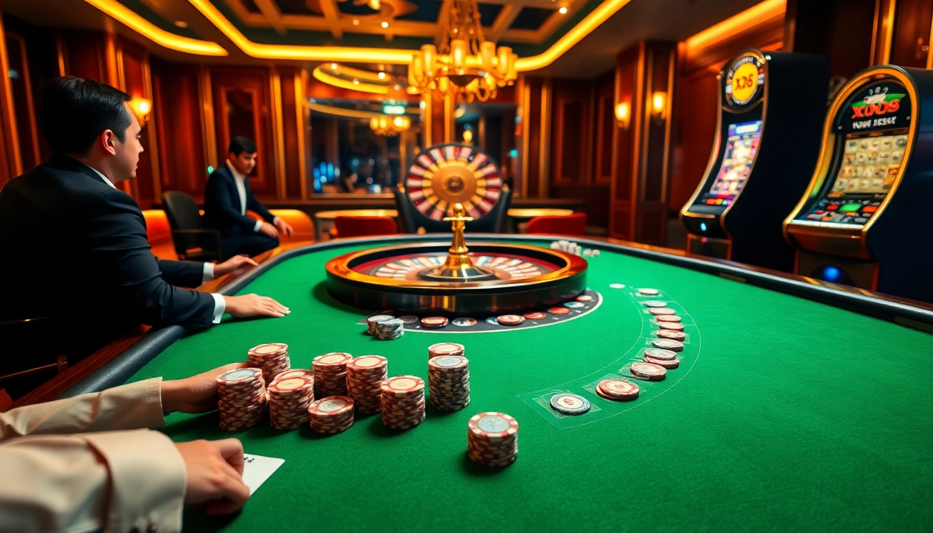 X88 players enjoying an exciting round at a luxury casino poker table with vibrant roulette wheel.