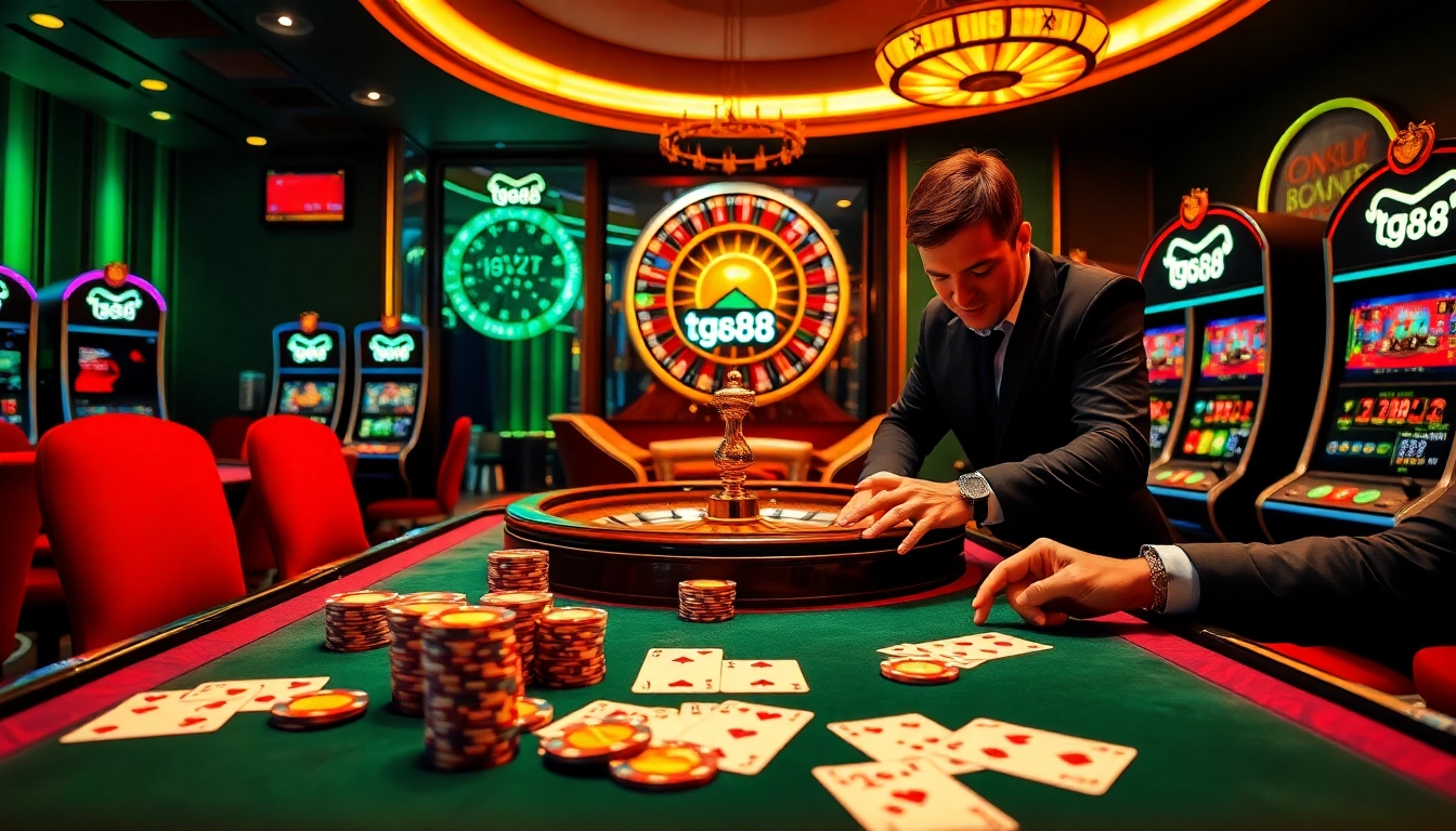 TG88 logo featured on an elegant casino gaming table with poker chips and cards.