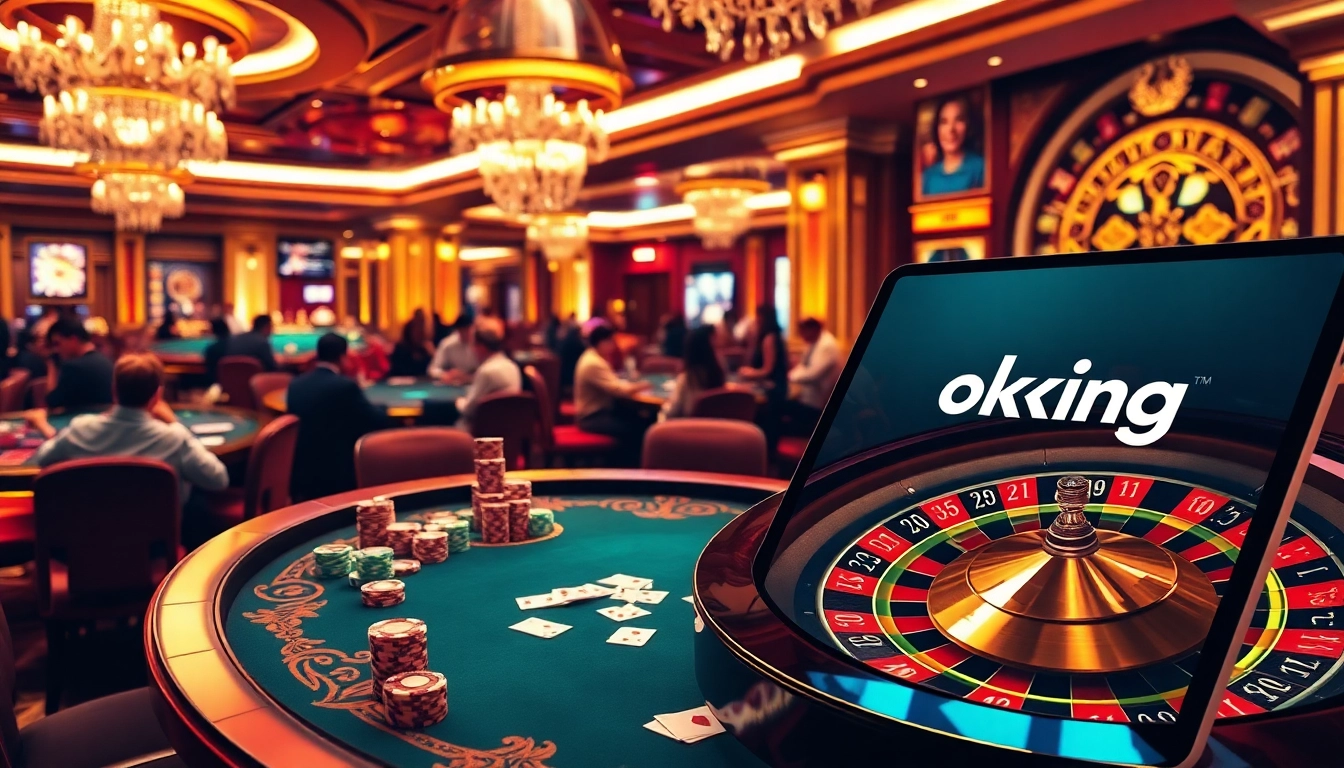 Engaging scene of players at a poker table with okking branding, colorful chips, and roulette excitement.