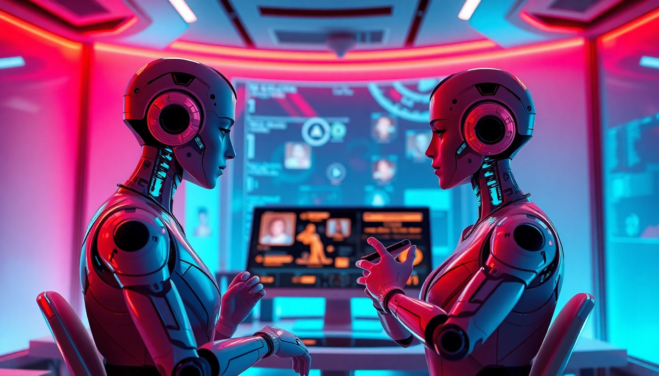 An engaging NSFW AI interaction scene featuring lifelike characters in a modern studio setup.