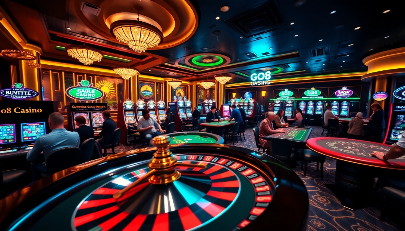 Players enjoying games at Go8 Casino with engaging tables, vibrant lights, and dynamic action.