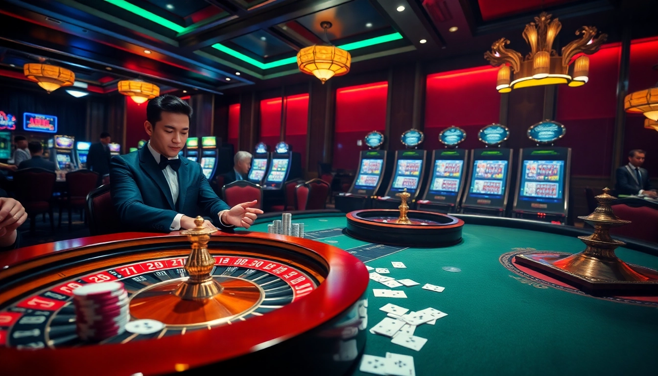Experience the excitement of nhà cái BL555 with a vibrant casino scene showcasing high-stakes poker and roulette.