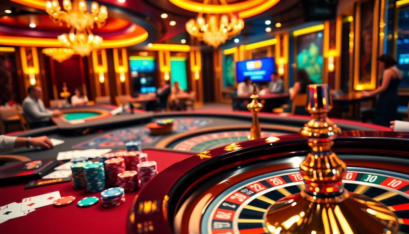 Experience the thrill of 23win's casino with vibrant chips, cards, and a roulette wheel.