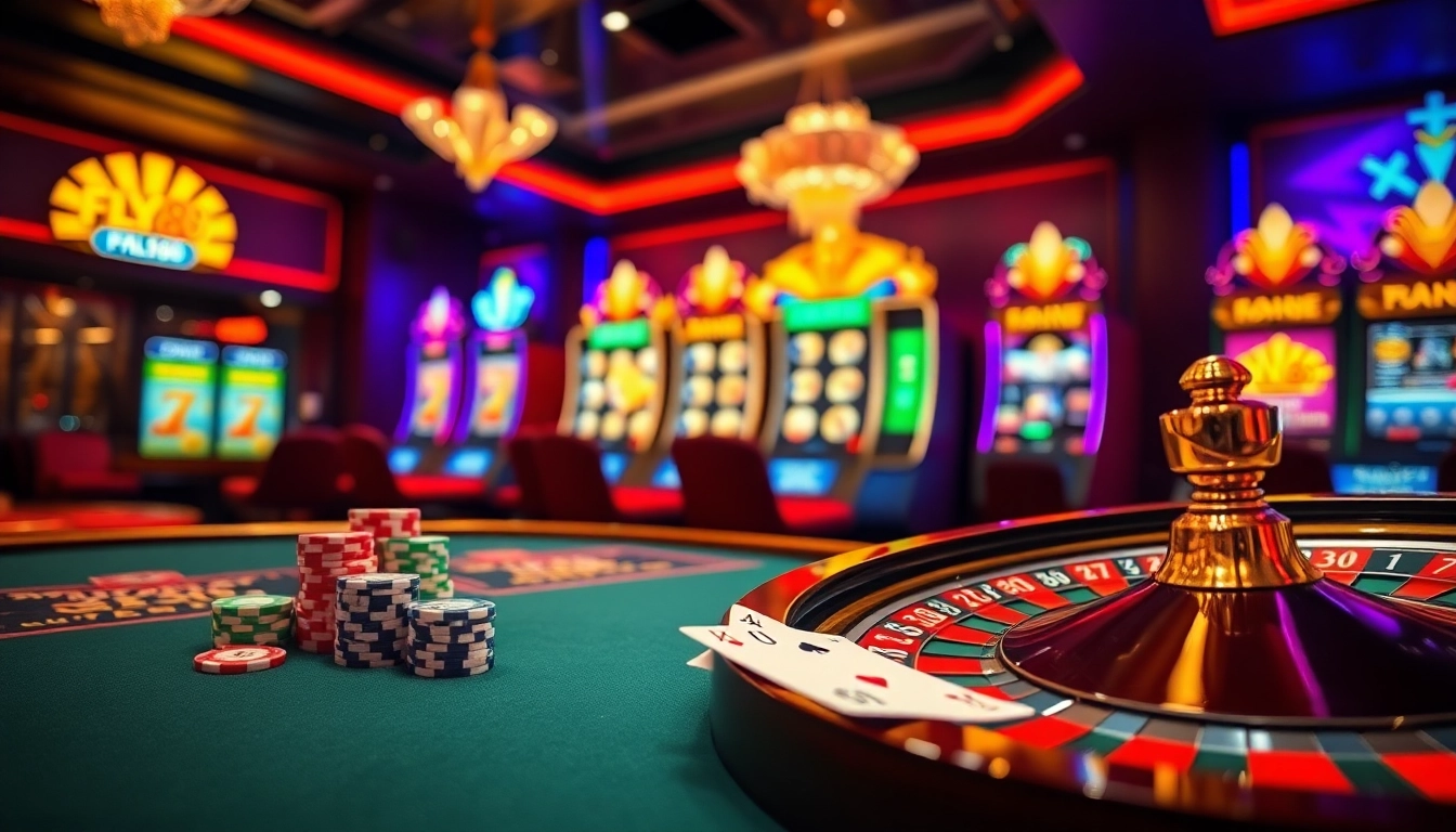 Experience the thrill of nhà cái FLY88 with vibrant casino tables and colorful slot machines.
