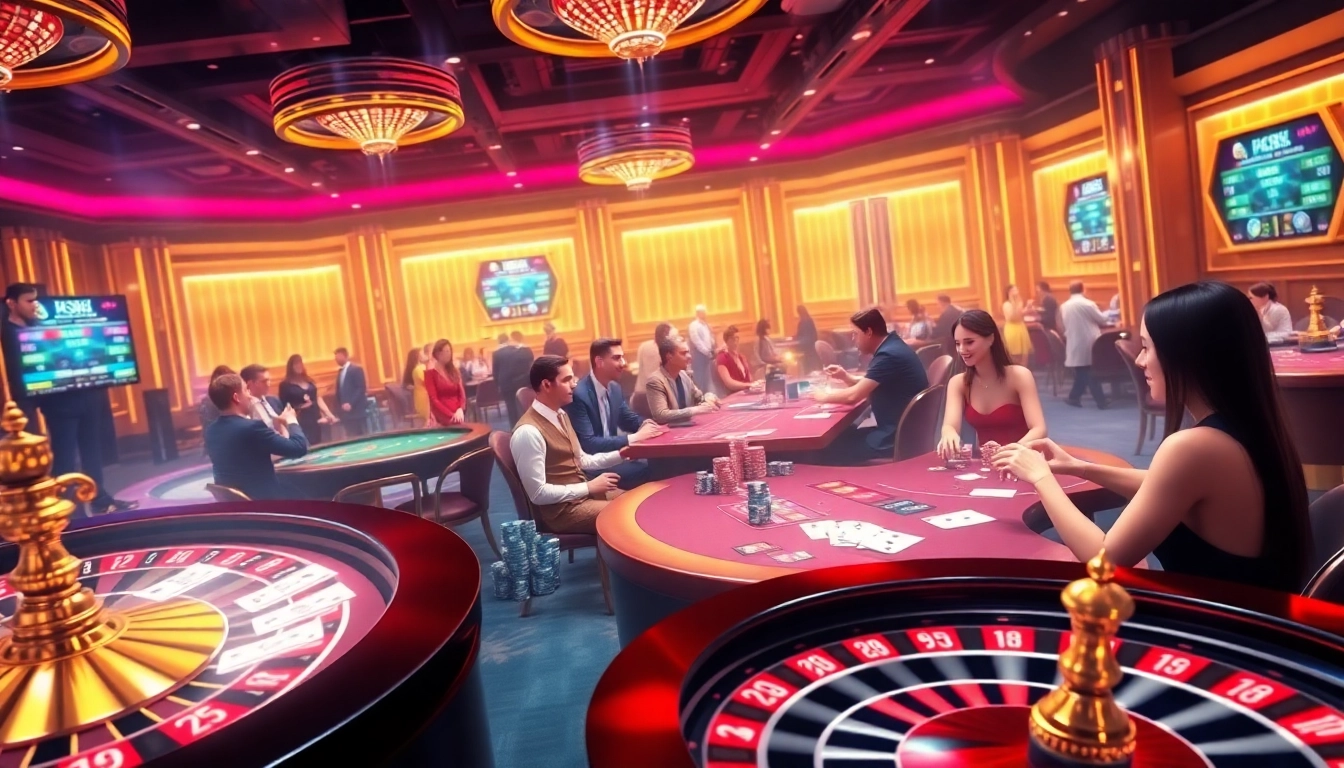 Players enjoying PG99 game at a vibrant casino table surrounded by poker chips and cards.