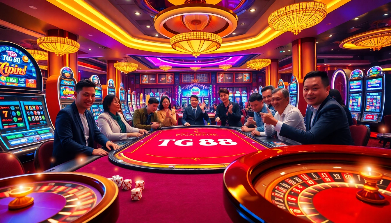 Engaging gamblers at a luxurious TG 88 gaming table surrounded by vibrant casino elements.
