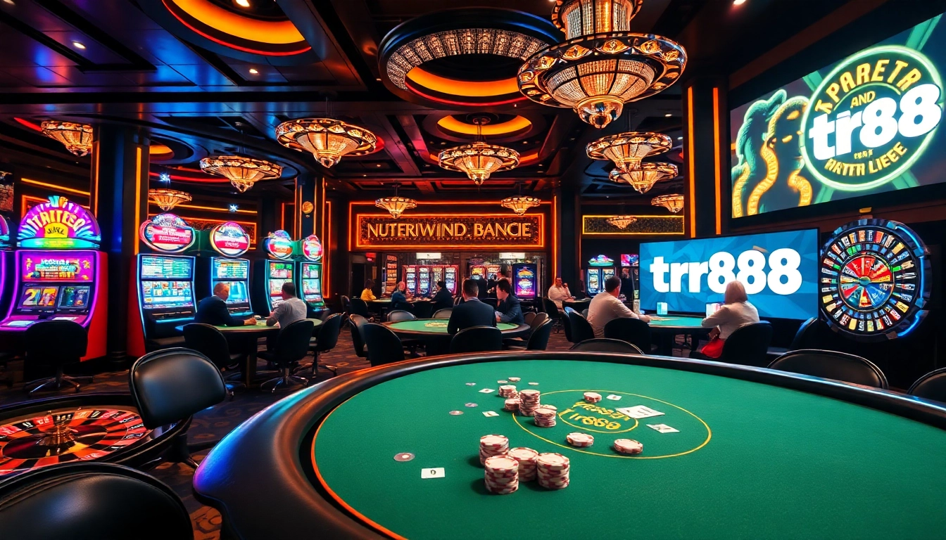 Players strategizing in a vibrant casino with poker tables and tr88 branding showcasing excitement.