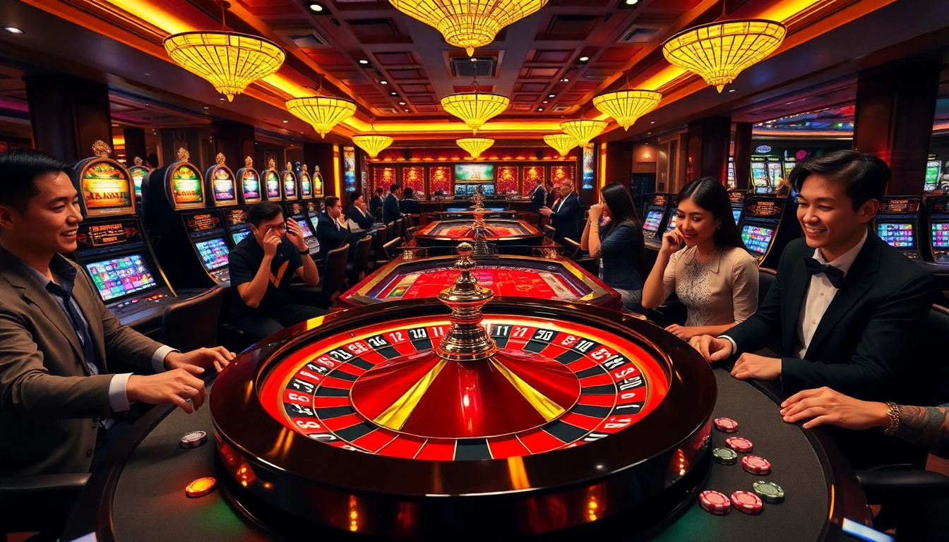 Players enjoying a thrilling casino experience at g88-themed tables with vibrant roulette and poker elements.