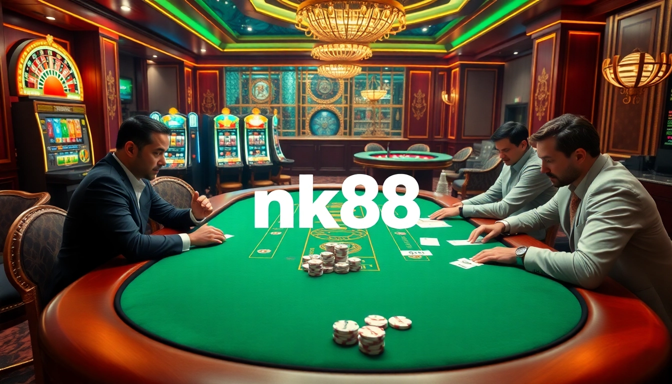 Engaged players strategizing at a poker table in an elegant casino setting, featuring nk88.