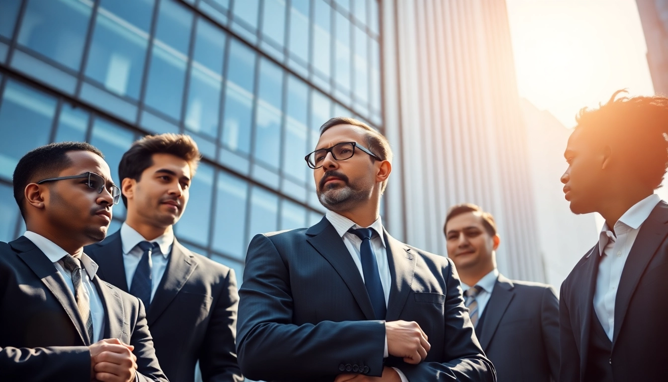 Executive protection agents exuding professionalism in an urban setting with sleek architecture.