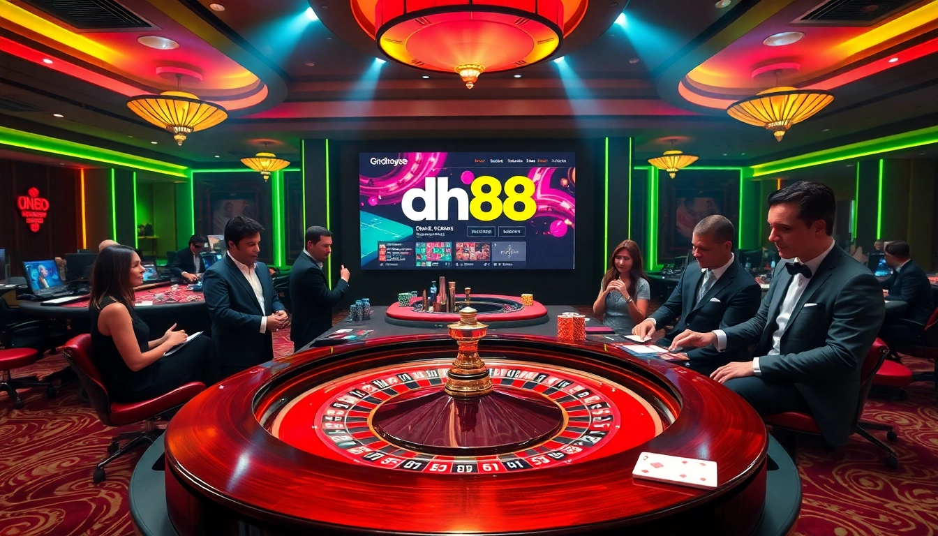 Players enjoying a thrilling game at the casino with the website dh88 displayed prominently, showcasing strategy and excitement.