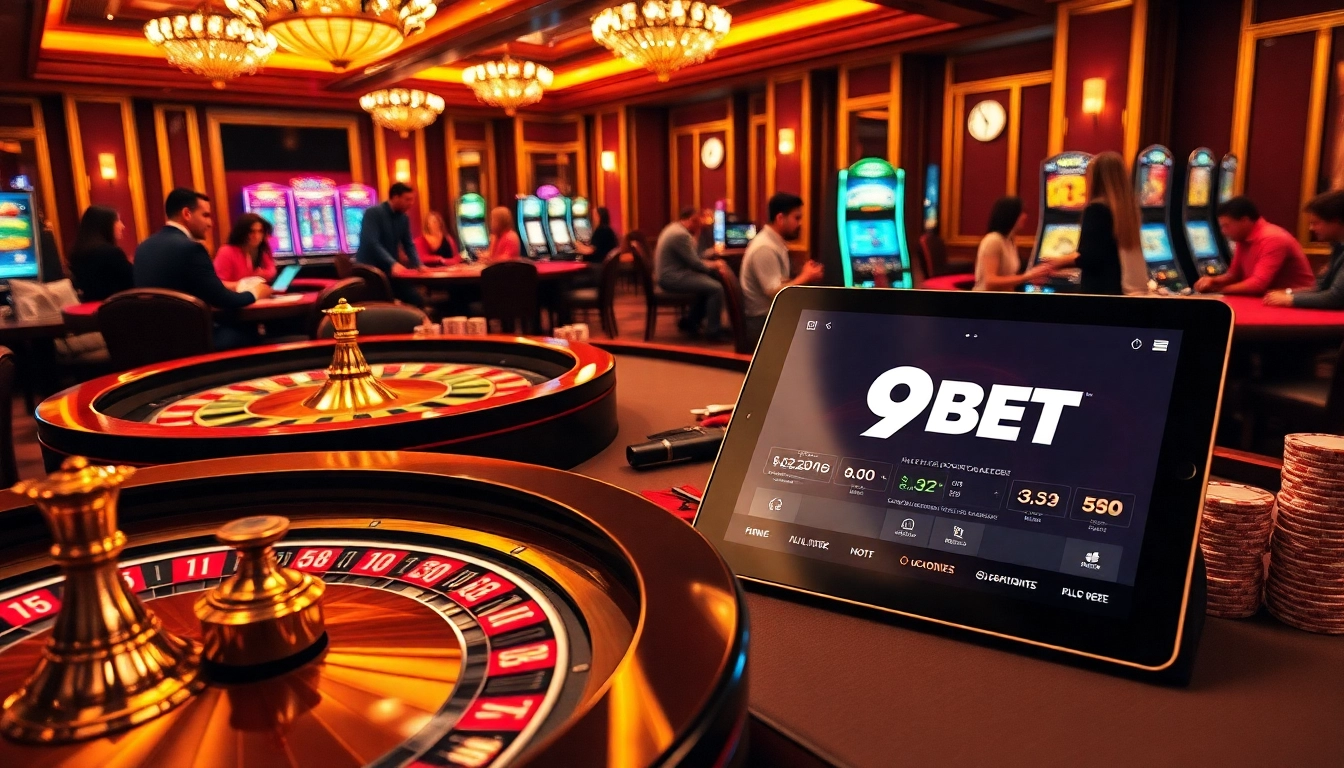 Exciting gambling scene featuring 9BET casino tables and poker chips.