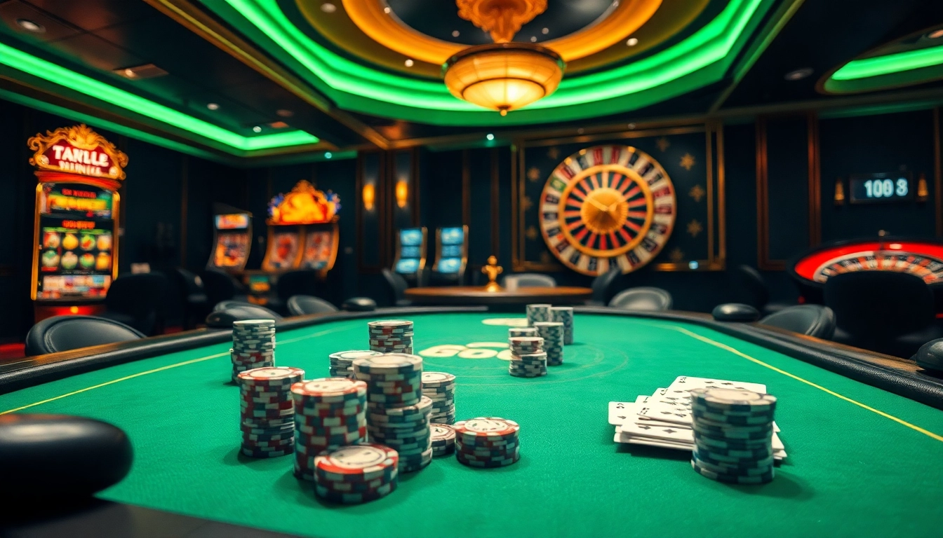 Tải go88 in a vibrant casino scene with poker table, chips, and illuminated slot machines.