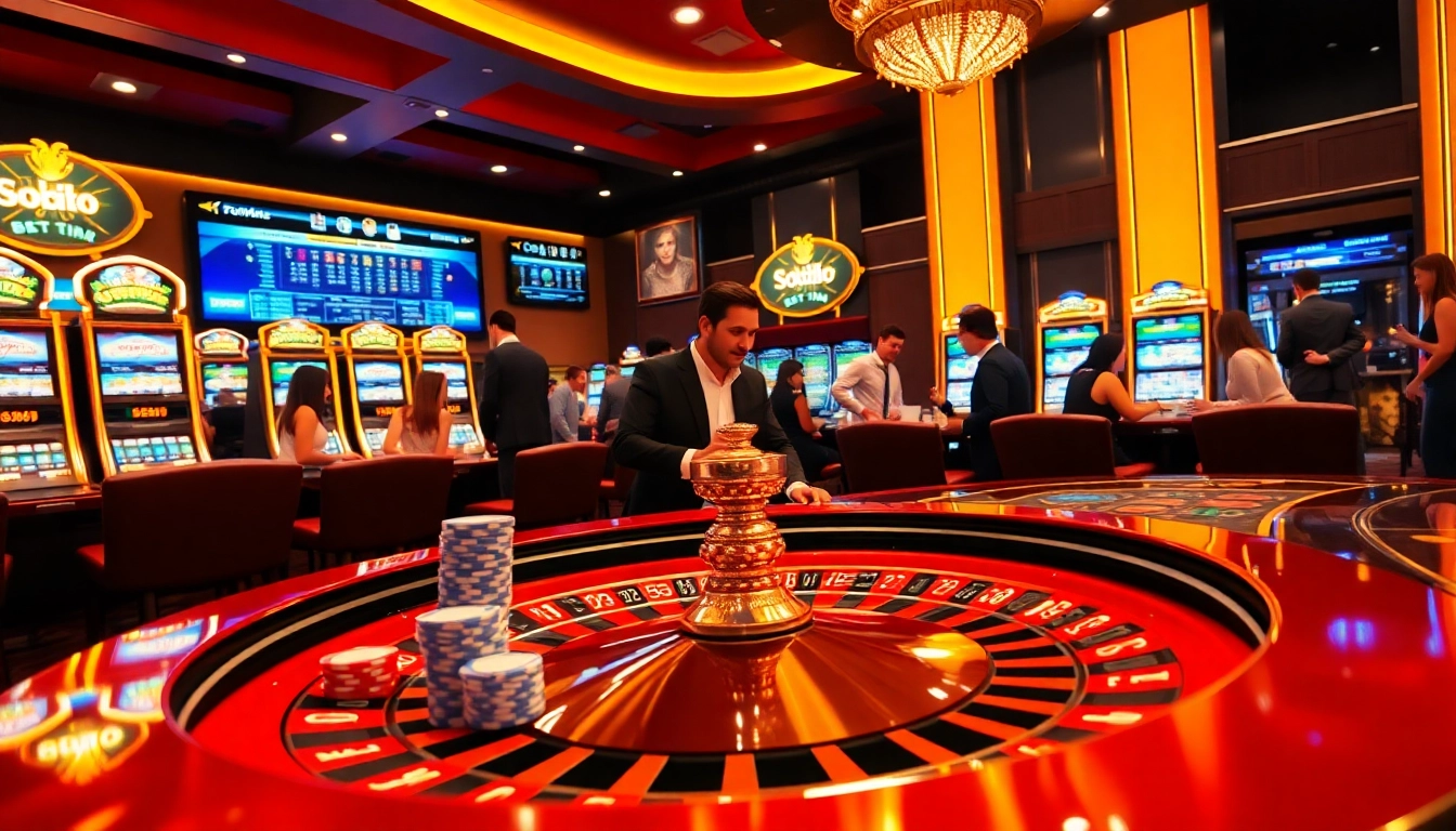 Sodo66 gamblers enjoying a lively casino atmosphere with roulette, poker chips, and slot machines.