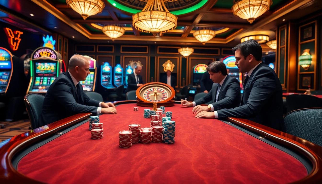 Engaging gaming scene at fun79 casino with poker players and vibrant slot machines.