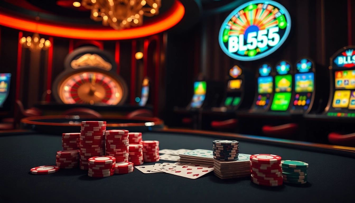 Experience thrilling poker action with BL555 at a luxurious casino featuring vibrant chips and elegant tables.