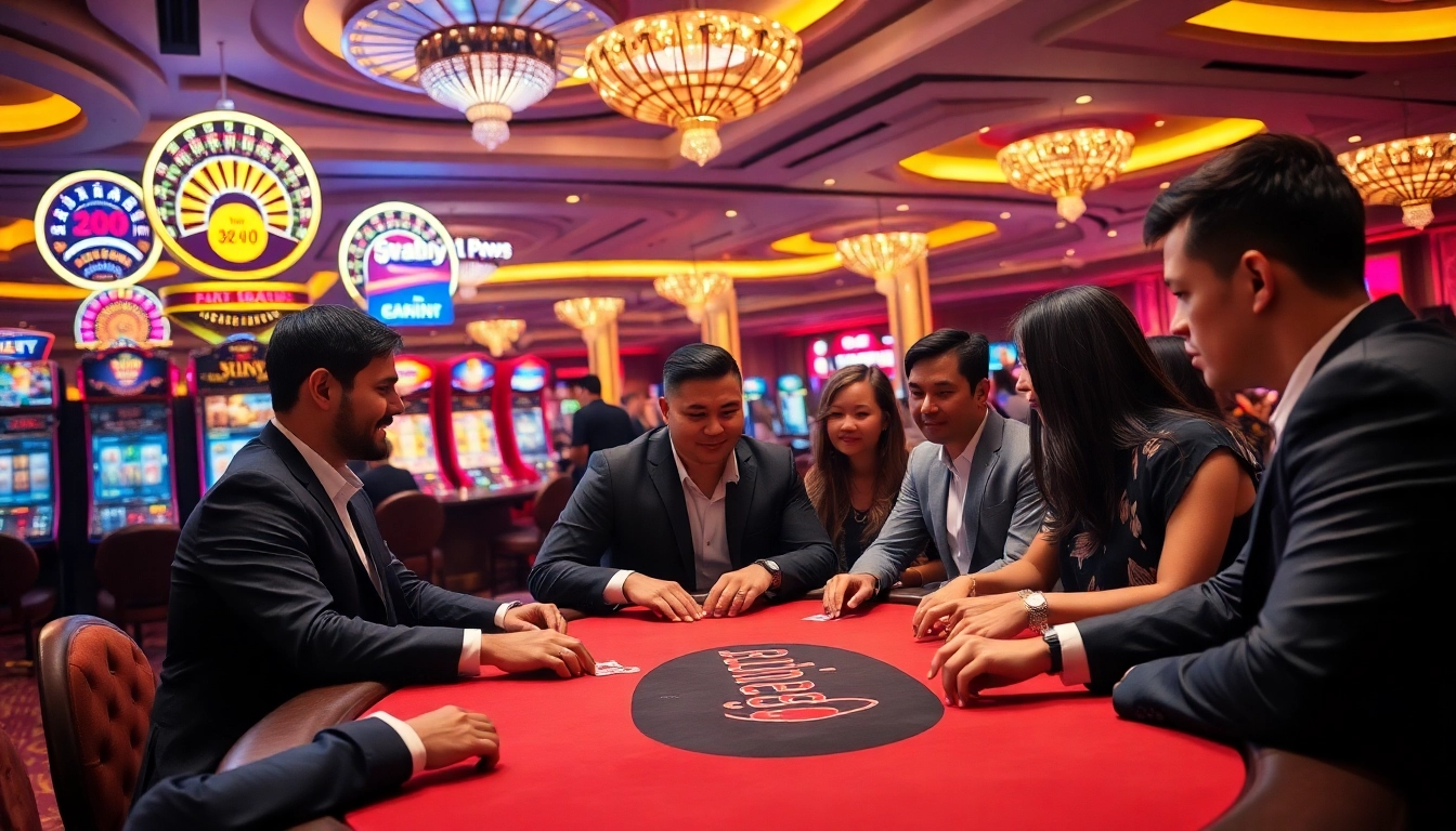 Gambling excitement at 32Win casino with engaging poker players and vibrant slot machines.