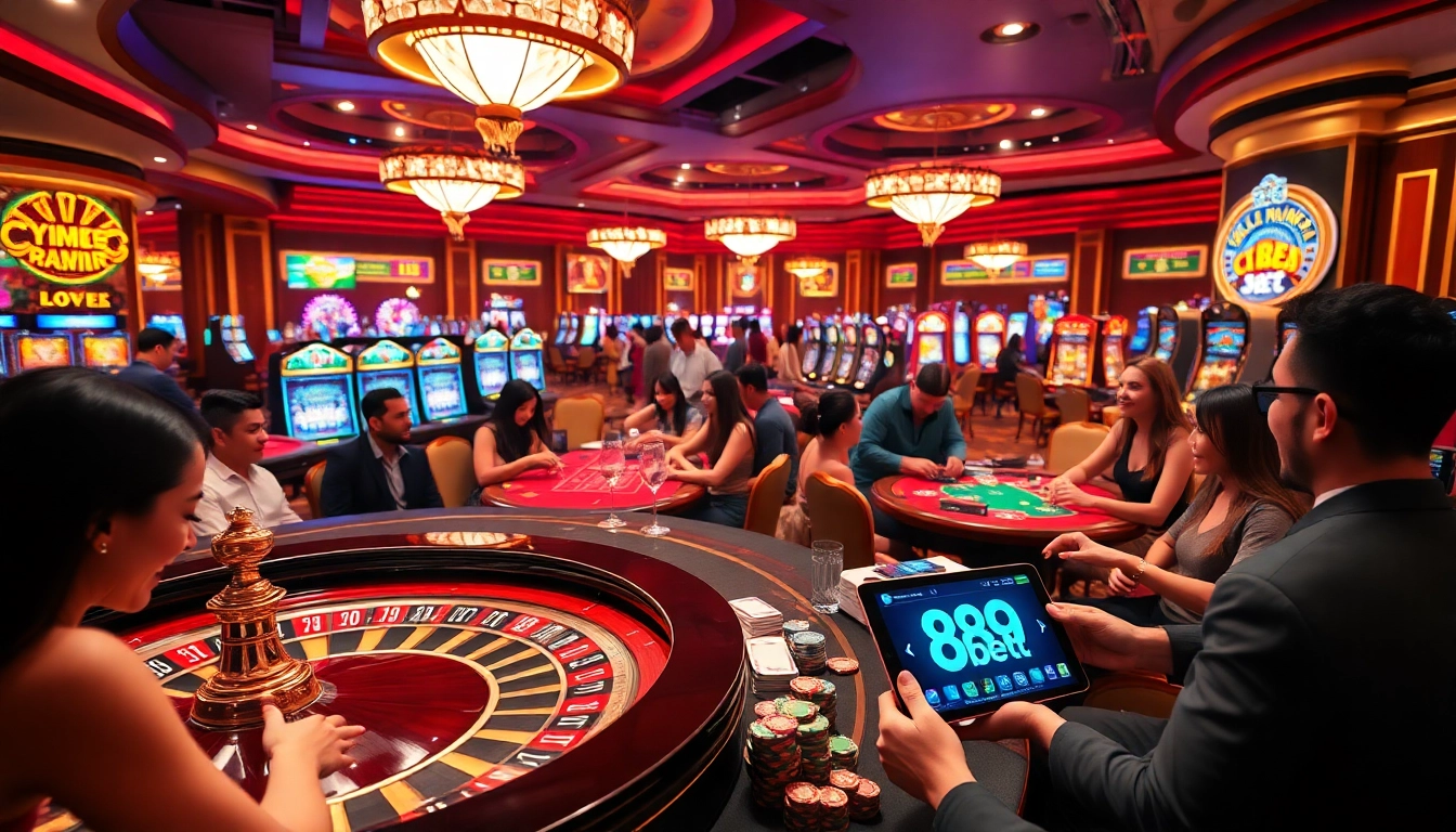 Players enjoying thrilling casino games at 89bet, featuring a roulette wheel and vibrant slot machines.