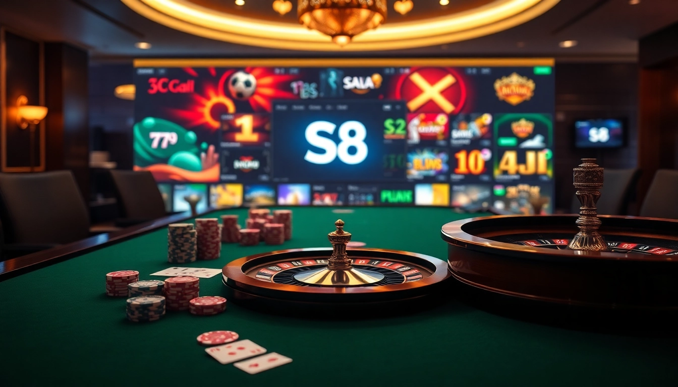 Experience thrilling gameplay at S8 casino with luxurious betting tables and vibrant online gaming interfaces.