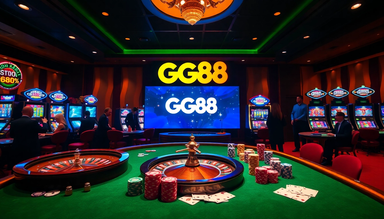 GG88 casino scene with roulette, poker chips, and vibrant slot machines.