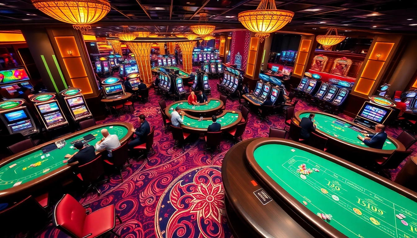 Players engaging in exciting GO88 games at a glamorous casino, highlighting vibrant slot machines and poker tables.