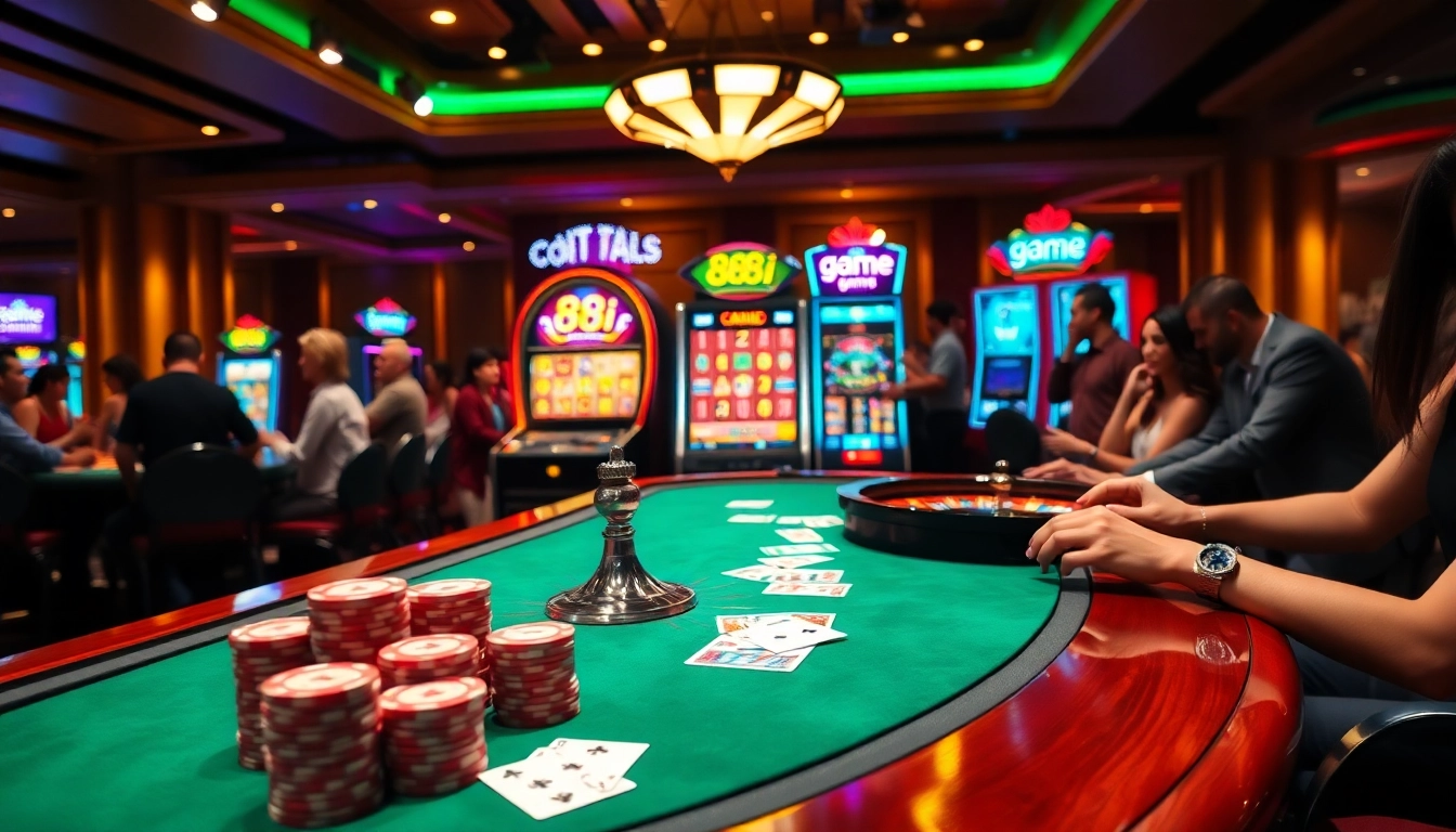 The excitement of winning at the 88i game is showcased in a vibrant casino scene with roulette and poker elements.