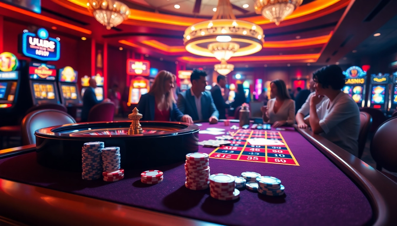 Engaging players at uu88 table games with chips, cards, and roulette in a luxury casino.