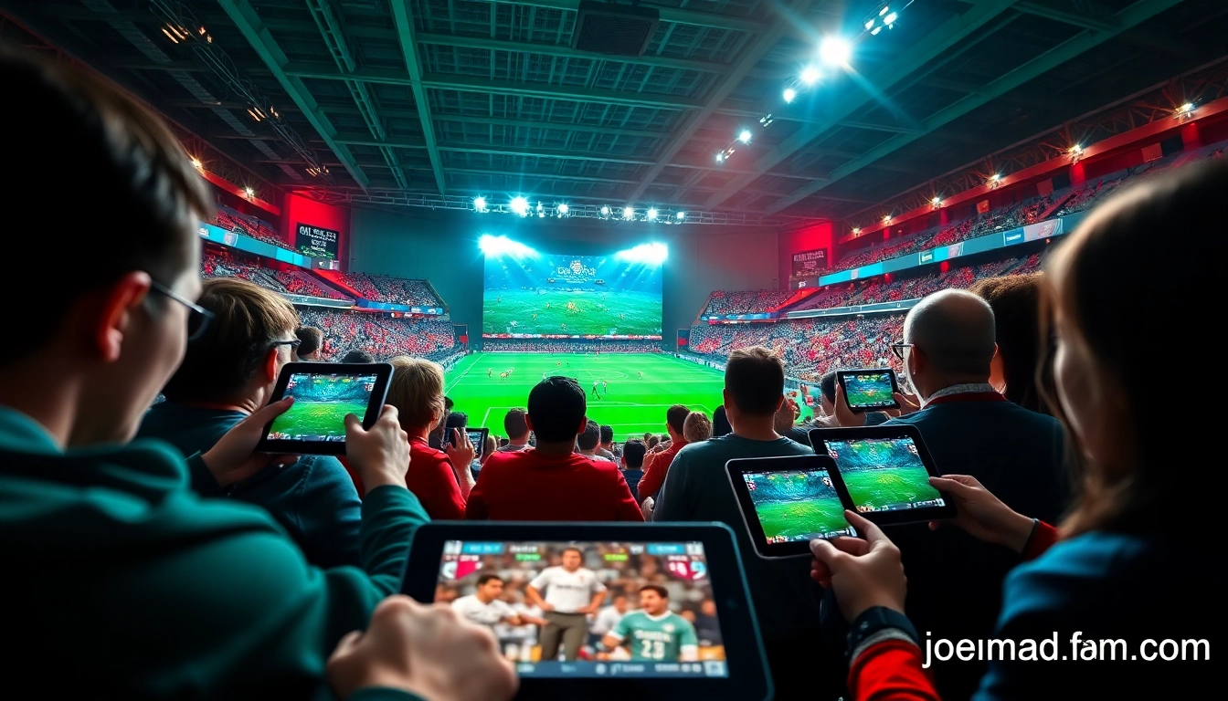 Live soccer streaming experience on joemadfan.com, showcasing excited fans and interactive features.