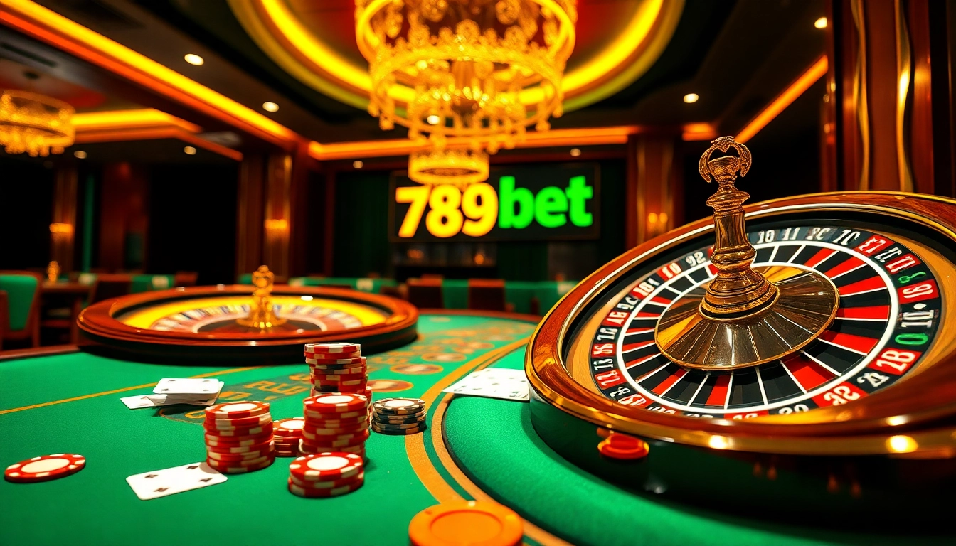Experience thrilling gambling at 789bet with luxurious casino tables filled with poker chips and cards.