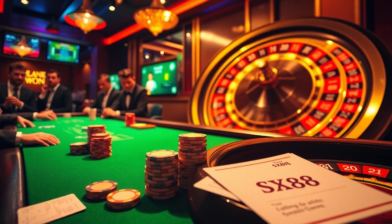 Experience the thrill at a poker table featuring SX88 betting slips and colorful chips.