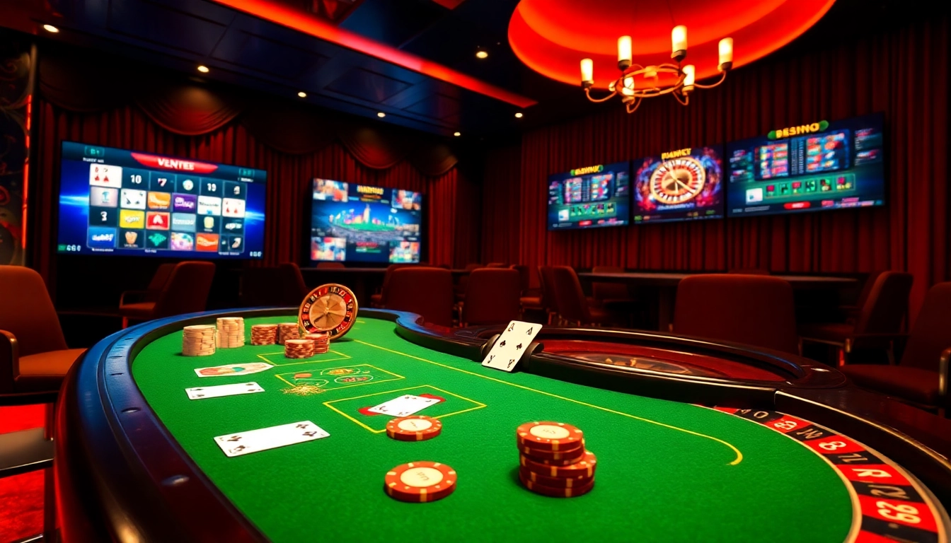 MM88 SH players enjoying a luxurious online casino with poker tables and roulette wheels.