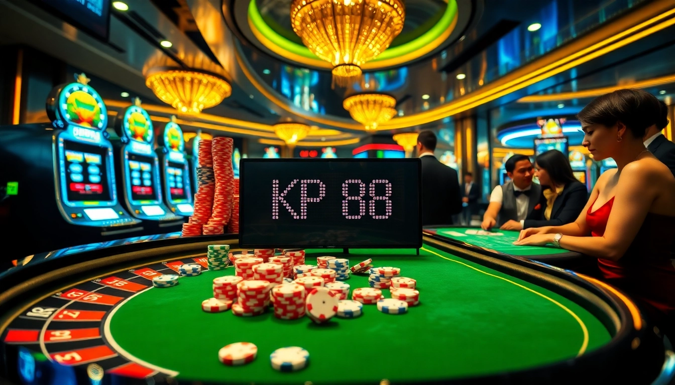 Engaging KP 88 casino scene with roulette table, poker chips, and glowing slot machines.
