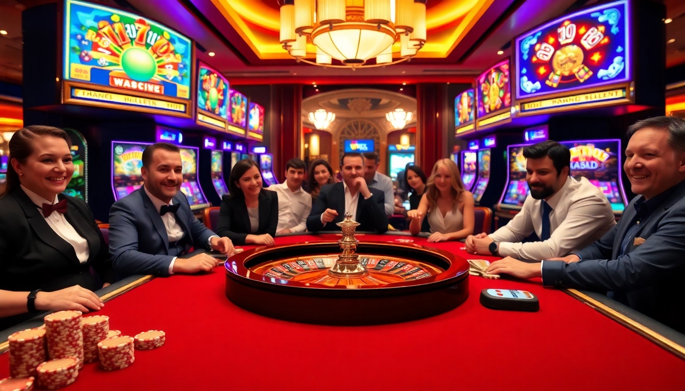 Players engaged in a high-stakes poker game at http://ww88tg.com/ casino, surrounded by vibrant slot machines and ambiance.