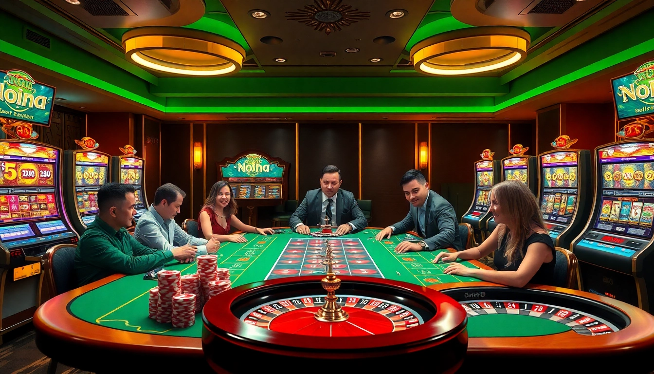 Nohu players engaged in thrilling casino games amidst vivid slot machines and poker chips.