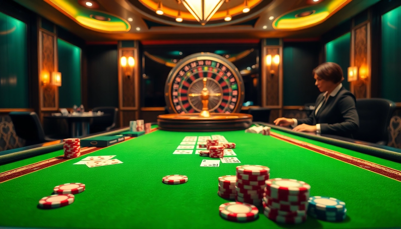 Engaging players at the BJ88 casino table with vibrant chips and cards.