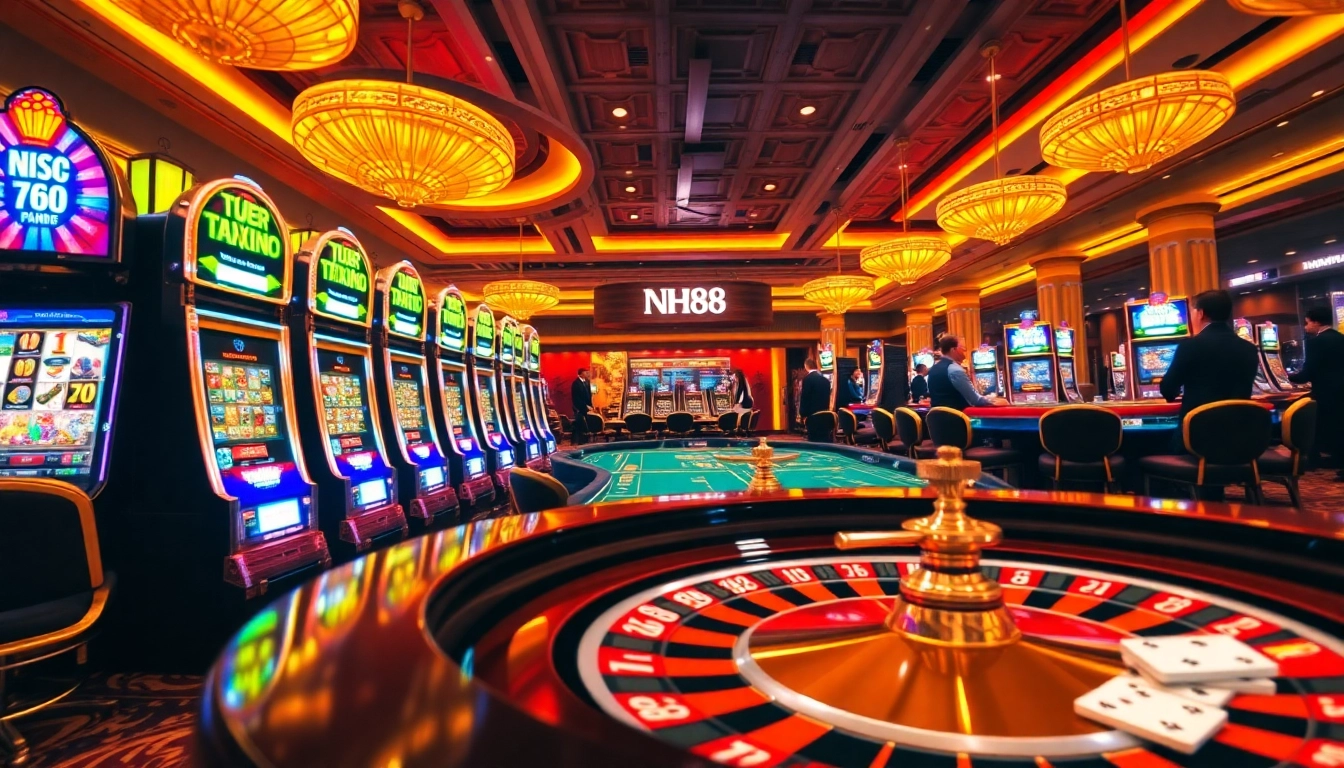 Excited gamblers enjoying a roulette game at NH88's vibrant casino setting.