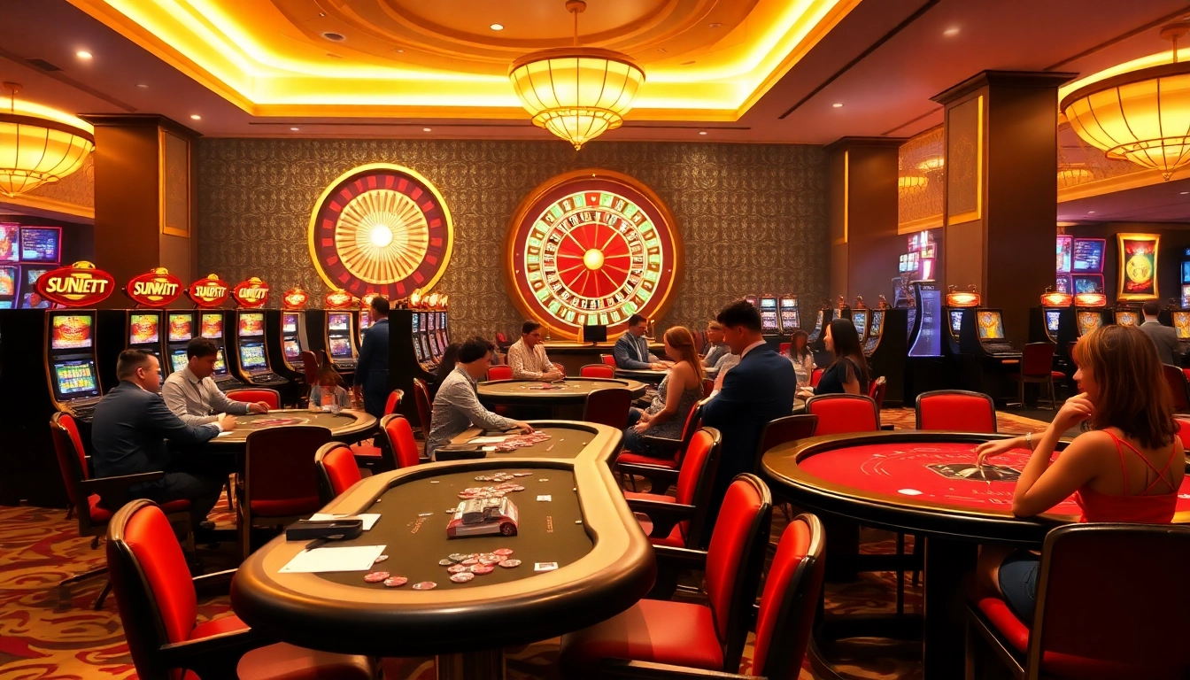A lively SUNWIN casino gaming area with players enjoying poker and roulette at elegant tables.