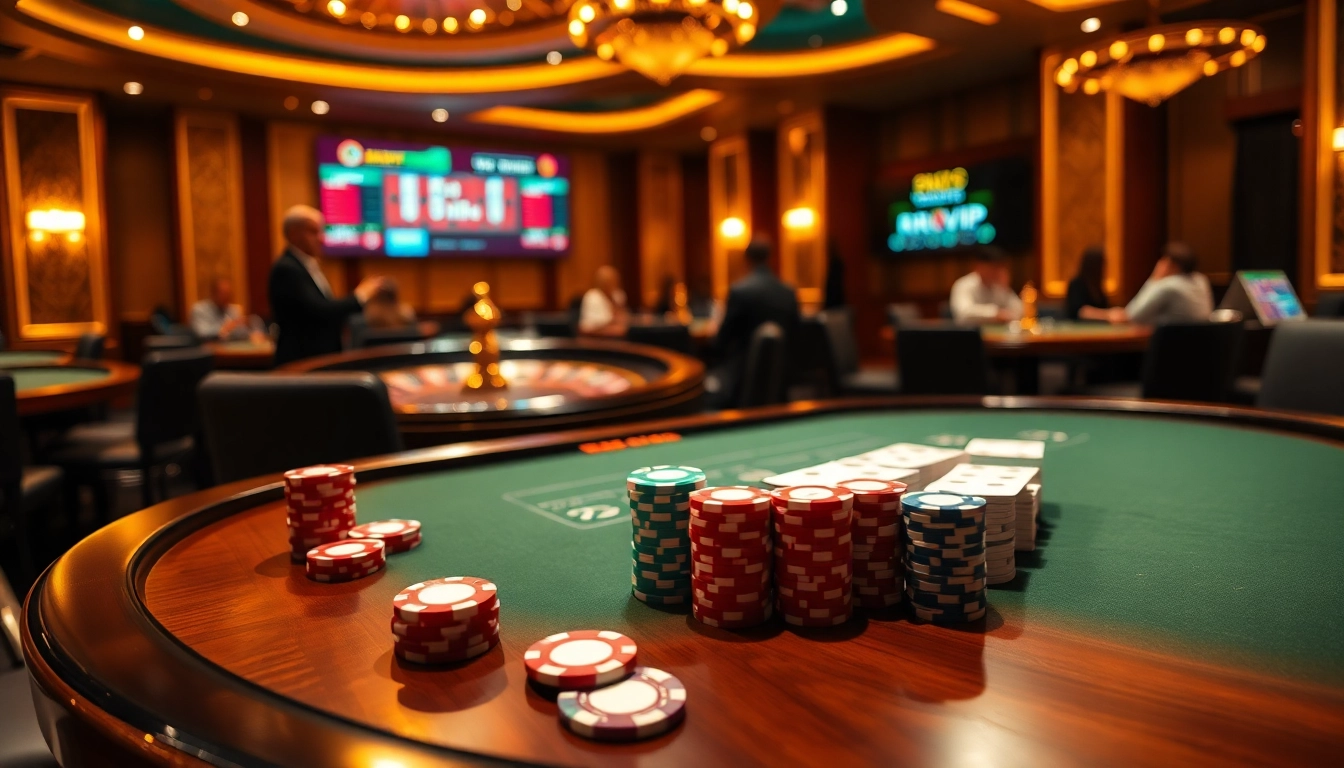 Exciting rikvip casino scene with poker table, colorful chips, and players engaging in high-stakes game.
