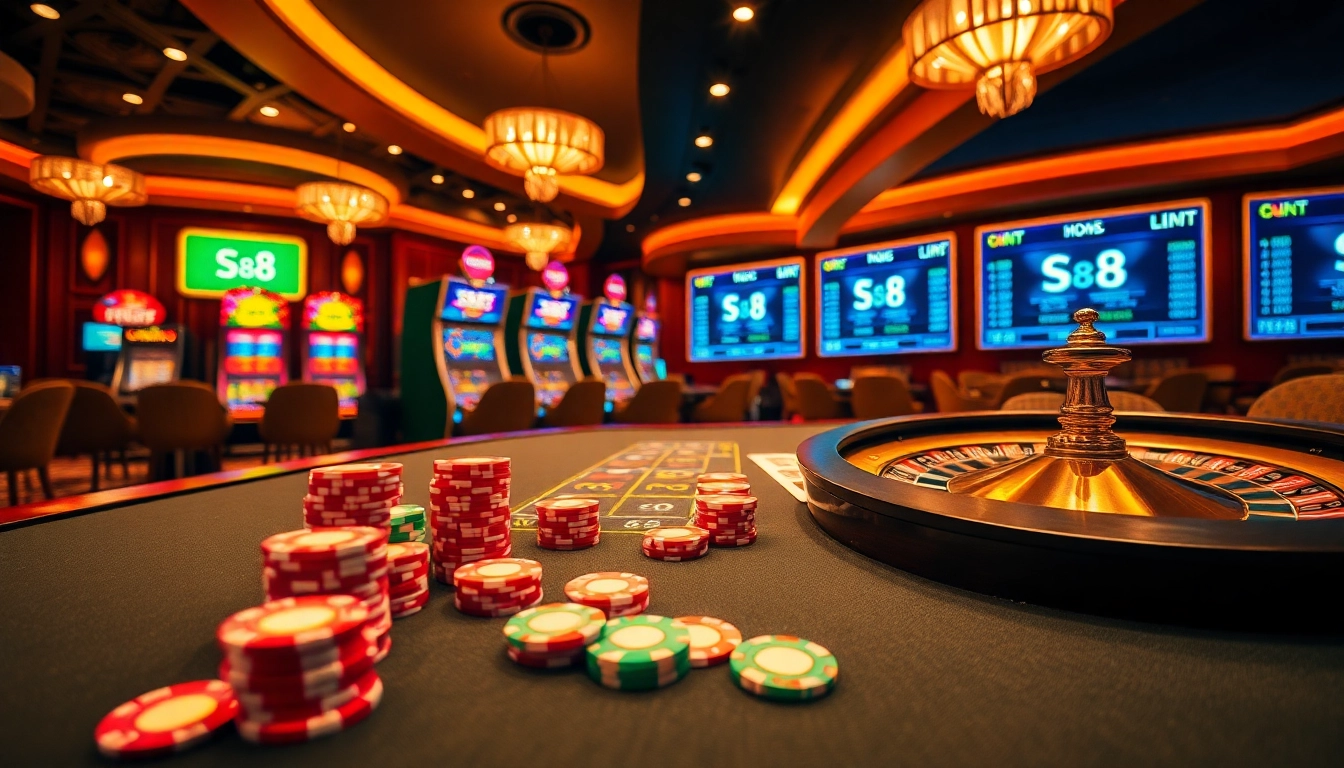 S8 gaming table with poker chips and vibrant cards in a luxurious casino setting.