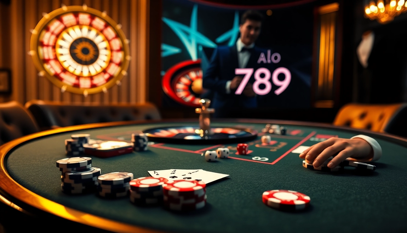 Alo 789 casino scene showcasing poker chips, cards, and a roulette wheel in an inviting setting.