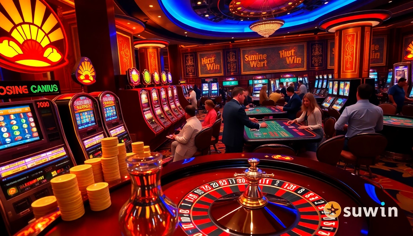 Players winning at vibrant slot machines and roulette at sunwin casino.