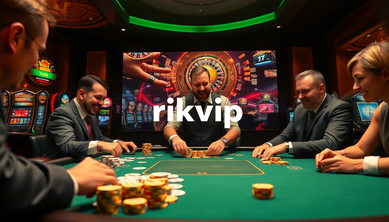 Exciting poker game scene showcasing rikvip with vibrant casino elements and thrilling atmosphere.