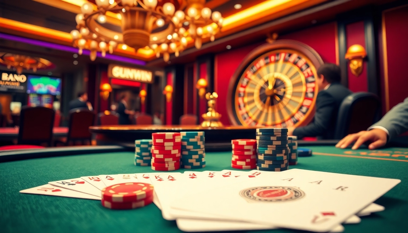 Experience the excitement at sunwin with a vibrant casino scene featuring poker tables and roulette.