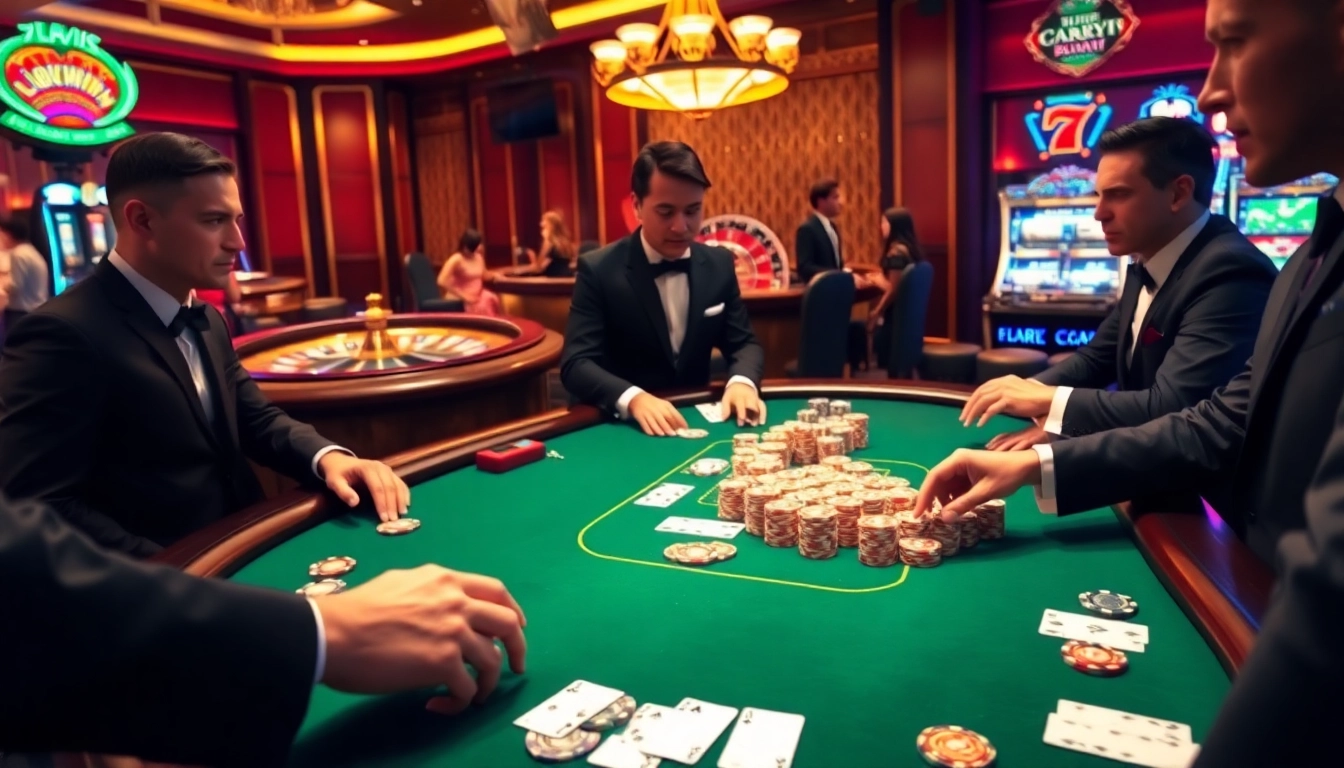 Players at a vibrant Luckywin poker table celebrate wins at a luxurious casino.