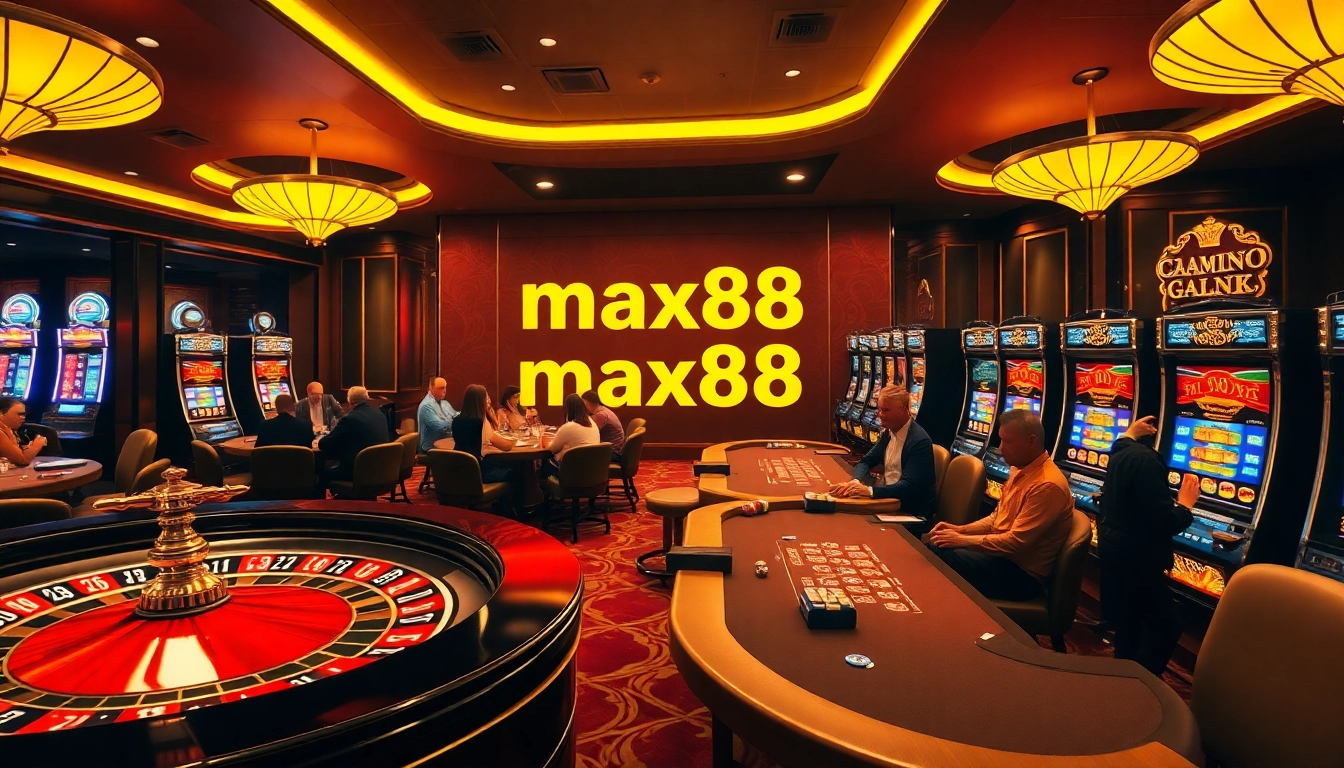 Engaging players enjoying various gambling activities at max88 casino, including roulette and slot machines.