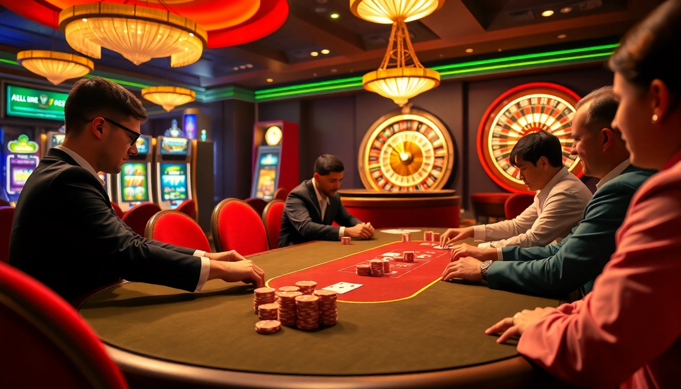 Engaging players at cn3789.net enjoying a lively poker game in a luxurious casino atmosphere.