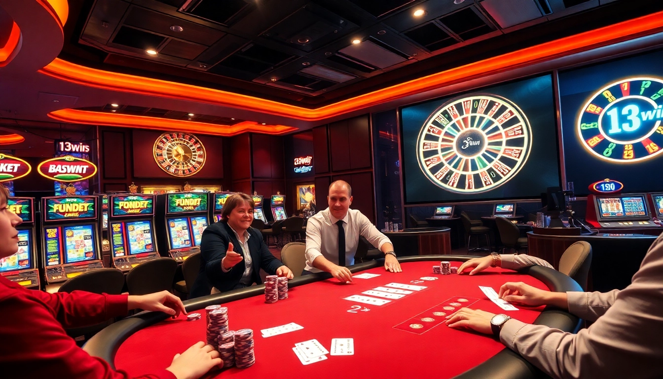 Experience dynamic gameplay at 13win with a vibrant casino atmosphere, including poker tables and slot machines.